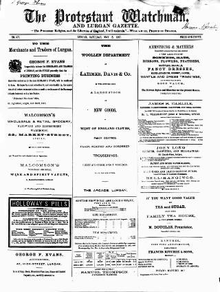 cover page of Protestant Watchman and Lurgan Gazette published on May 18, 1867