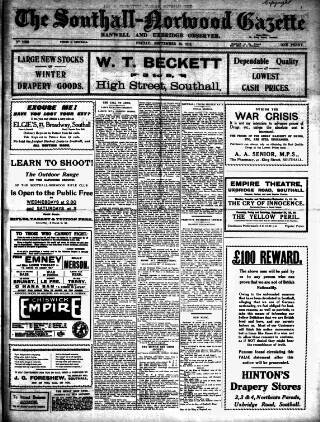 cover page of West Middlesex Gazette published on September 18, 1914