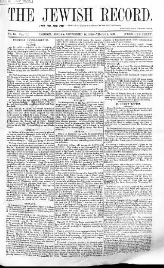 cover page of Jewish Record published on September 18, 1868