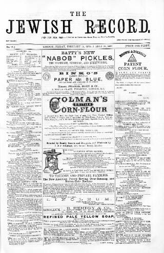 cover page of Jewish Record published on February 25, 1870