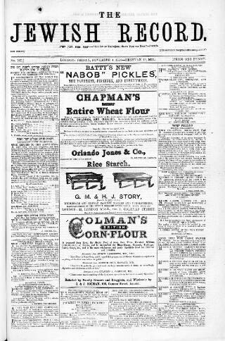 cover page of Jewish Record published on November 4, 1870