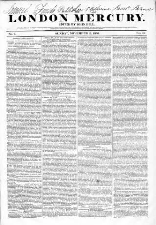 cover page of London Mercury 1836 published on November 13, 1836