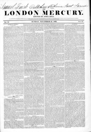 cover page of London Mercury 1836 published on November 27, 1836