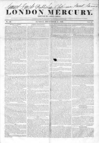 cover page of London Mercury 1836 published on December 11, 1836