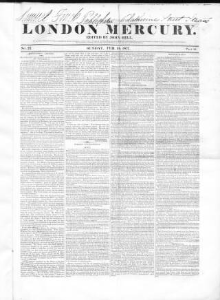 cover page of London Mercury 1836 published on February 19, 1837