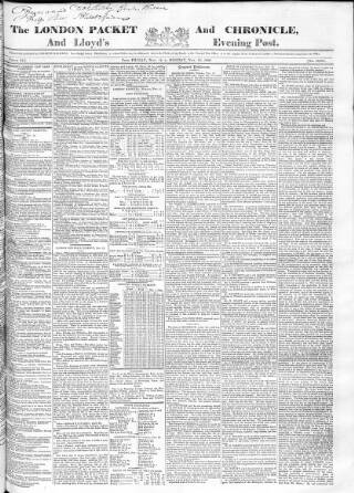 cover page of London Packet and New Lloyd's Evening Post published on November 15, 1830