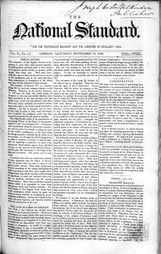 cover page of National Standard published on September 18, 1858