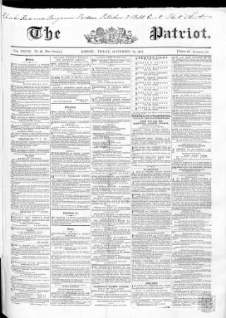 cover page of Patriot published on September 18, 1857