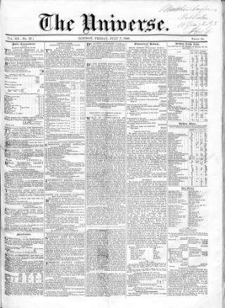 cover page of Universe published on July 7, 1848