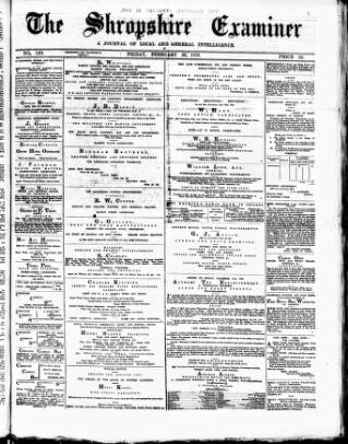 cover page of Shropshire Examiner published on February 25, 1876