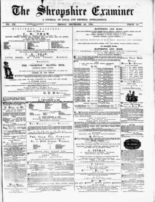 cover page of Shropshire Examiner published on December 22, 1876