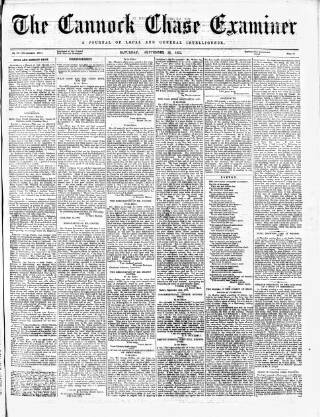 cover page of Cannock Chase Examiner published on September 18, 1875