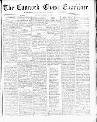 cover page of Cannock Chase Examiner published on November 27, 1875