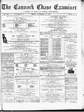 cover page of Cannock Chase Examiner published on November 10, 1876