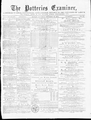 cover page of Potteries Examiner published on November 30, 1872