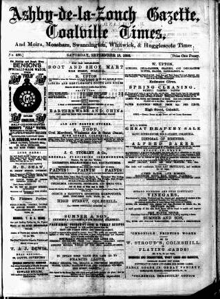cover page of Ashby-de-la-Zouch Gazette published on September 18, 1886