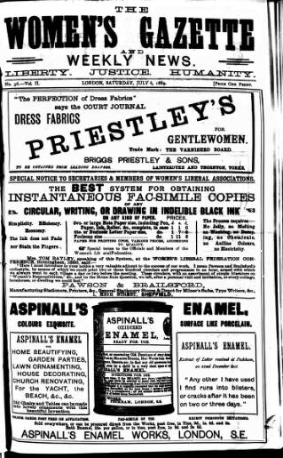cover page of Women's Gazette & Weekly News published on July 6, 1889