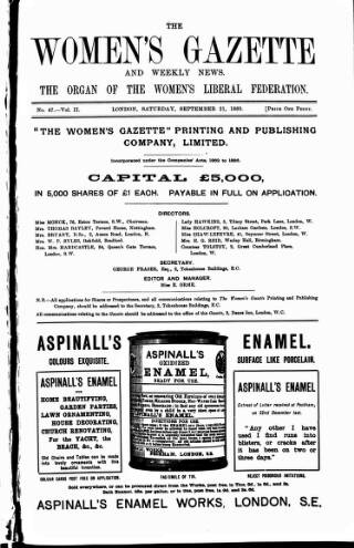 cover page of Women's Gazette & Weekly News published on September 21, 1889