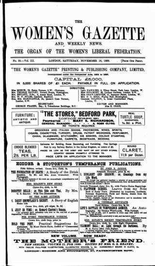 cover page of Women's Gazette & Weekly News published on November 16, 1889