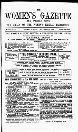 cover page of Women's Gazette & Weekly News published on November 30, 1889
