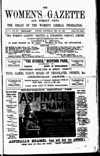cover page of Women's Gazette & Weekly News published on December 28, 1889