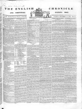 cover page of English Chronicle and Whitehall Evening Post published on November 15, 1842