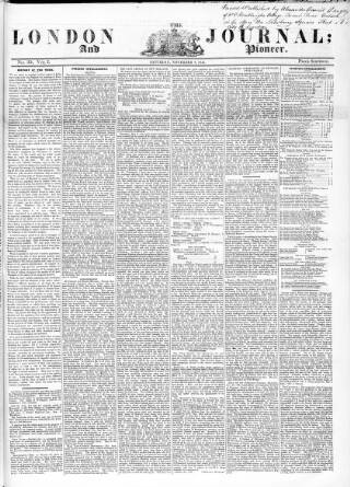 cover page of London Journal and Pioneer Newspaper published on November 8, 1845