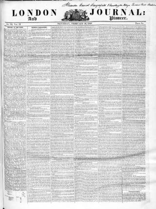 cover page of London Journal and Pioneer Newspaper published on February 28, 1846