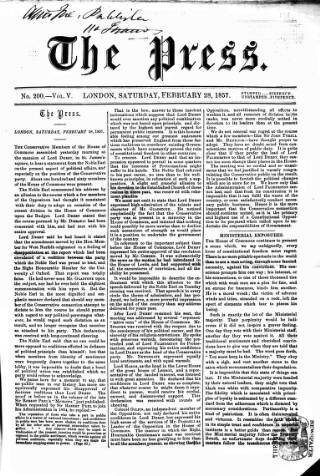 cover page of Press (London) published on February 28, 1857