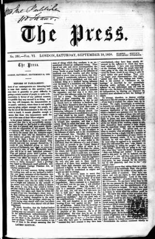 cover page of Press (London) published on September 18, 1858