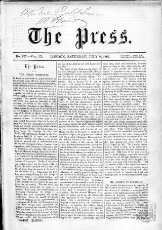 cover page of Press (London) published on July 6, 1861