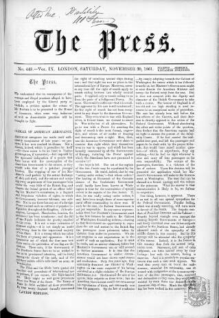 cover page of Press (London) published on November 30, 1861
