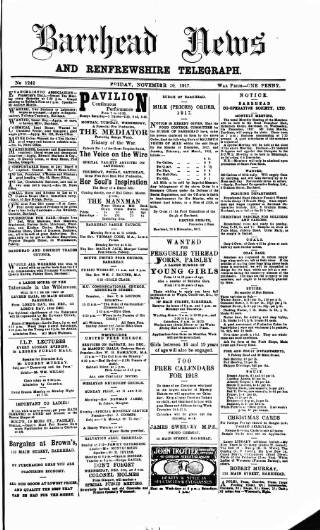 cover page of Barrhead News published on November 30, 1917