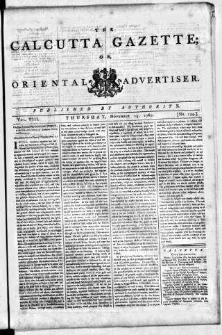 cover page of Calcutta Gazette published on November 15, 1787