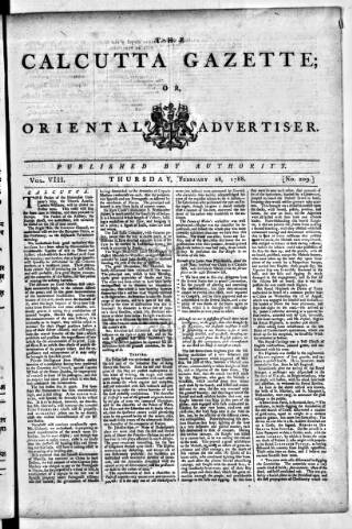 cover page of Calcutta Gazette published on February 28, 1788