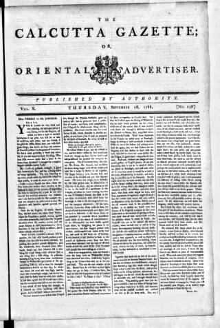 cover page of Calcutta Gazette published on September 18, 1788