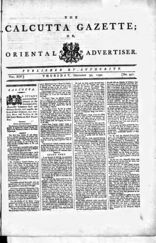 cover page of Calcutta Gazette published on December 30, 1790