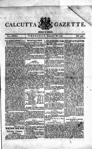 cover page of Calcutta Gazette published on February 28, 1793