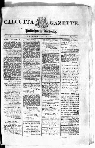 cover page of Calcutta Gazette published on July 6, 1809