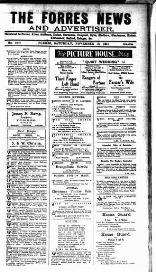 cover page of Forres News and Advertiser published on November 15, 1941