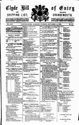 cover page of Clyde Bill of Entry and Shipping List published on September 18, 1894
