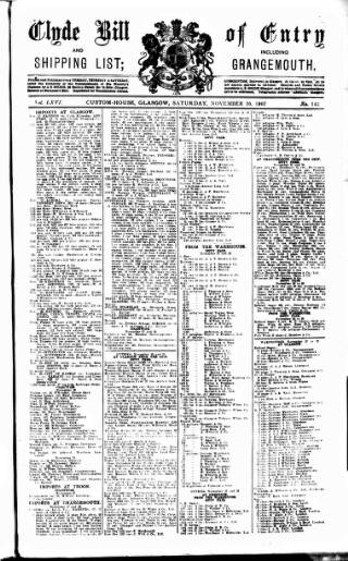 cover page of Clyde Bill of Entry and Shipping List published on November 30, 1907