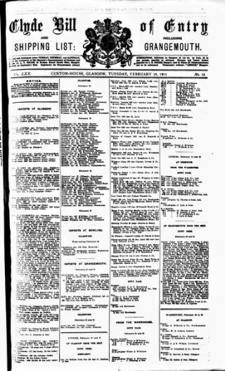 cover page of Clyde Bill of Entry and Shipping List published on February 28, 1911