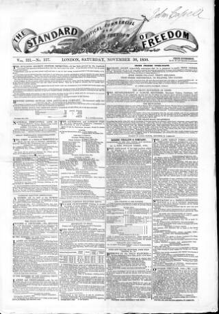 cover page of Standard of Freedom published on November 30, 1850