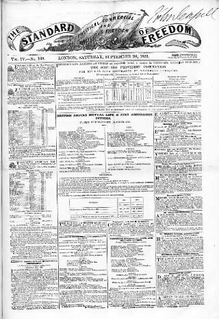 cover page of Standard of Freedom published on September 20, 1851