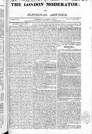 cover page of London Moderator and National Adviser published on November 15, 1820