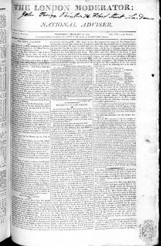 cover page of London Moderator and National Adviser published on February 28, 1821