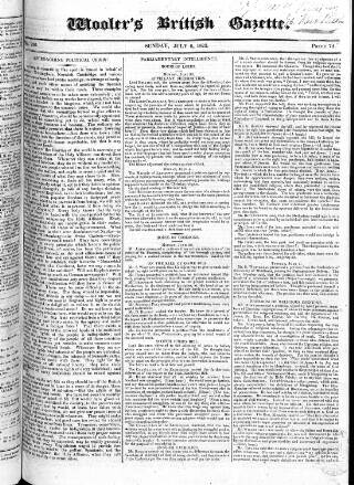 cover page of Wooler's British Gazette published on July 6, 1823