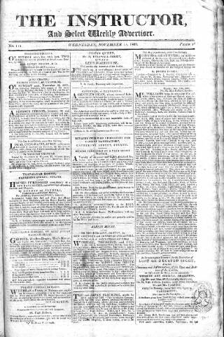 cover page of Instructor and Select Weekly Advertiser published on November 15, 1809