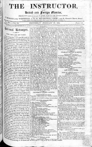cover page of Instructor and Select Weekly Advertiser published on February 22, 1815